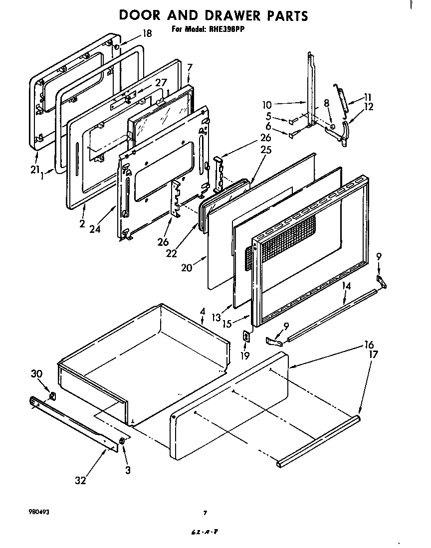 Whirlpool RHE396PP door and drawer diagram