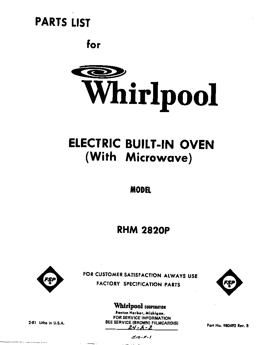 Whirlpool RHM2820P front cover diagram
