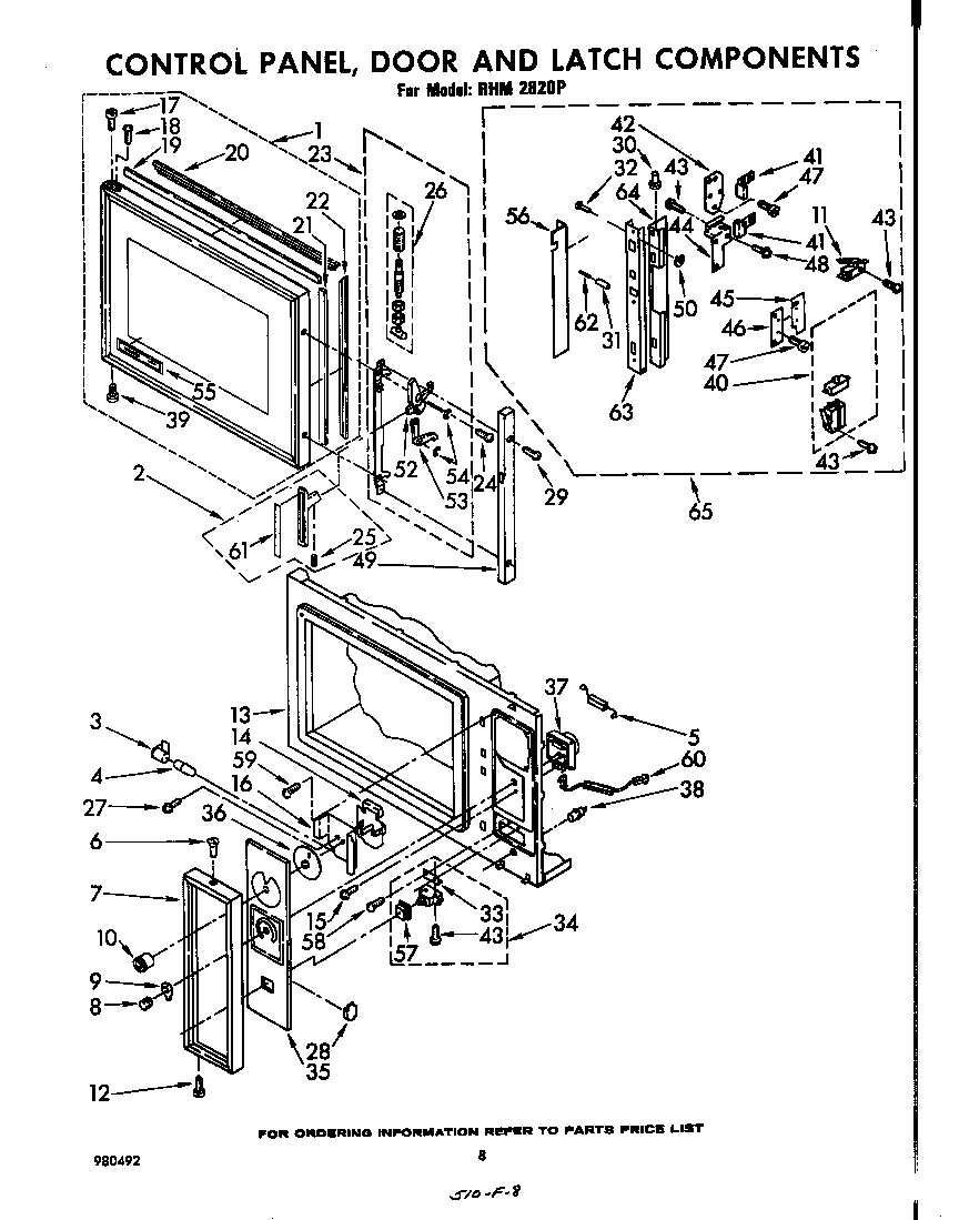 Whirlpool RHM2820P control panel, door and latch diagram