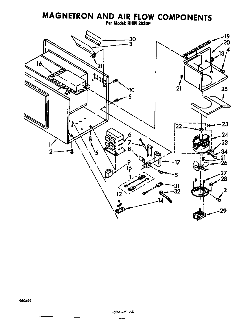 Whirlpool RHM2820P magnetron and air flow diagram