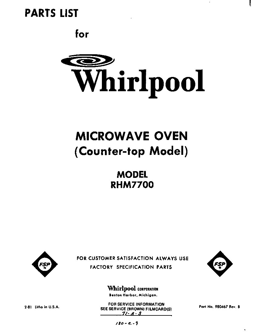 Whirlpool RHM7700 front cover diagram