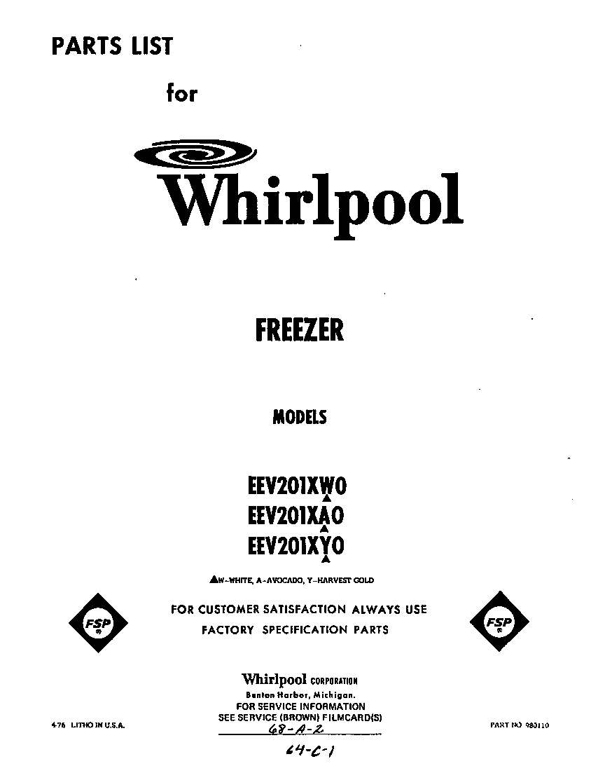 Whirlpool EEV201XW0 front cover diagram