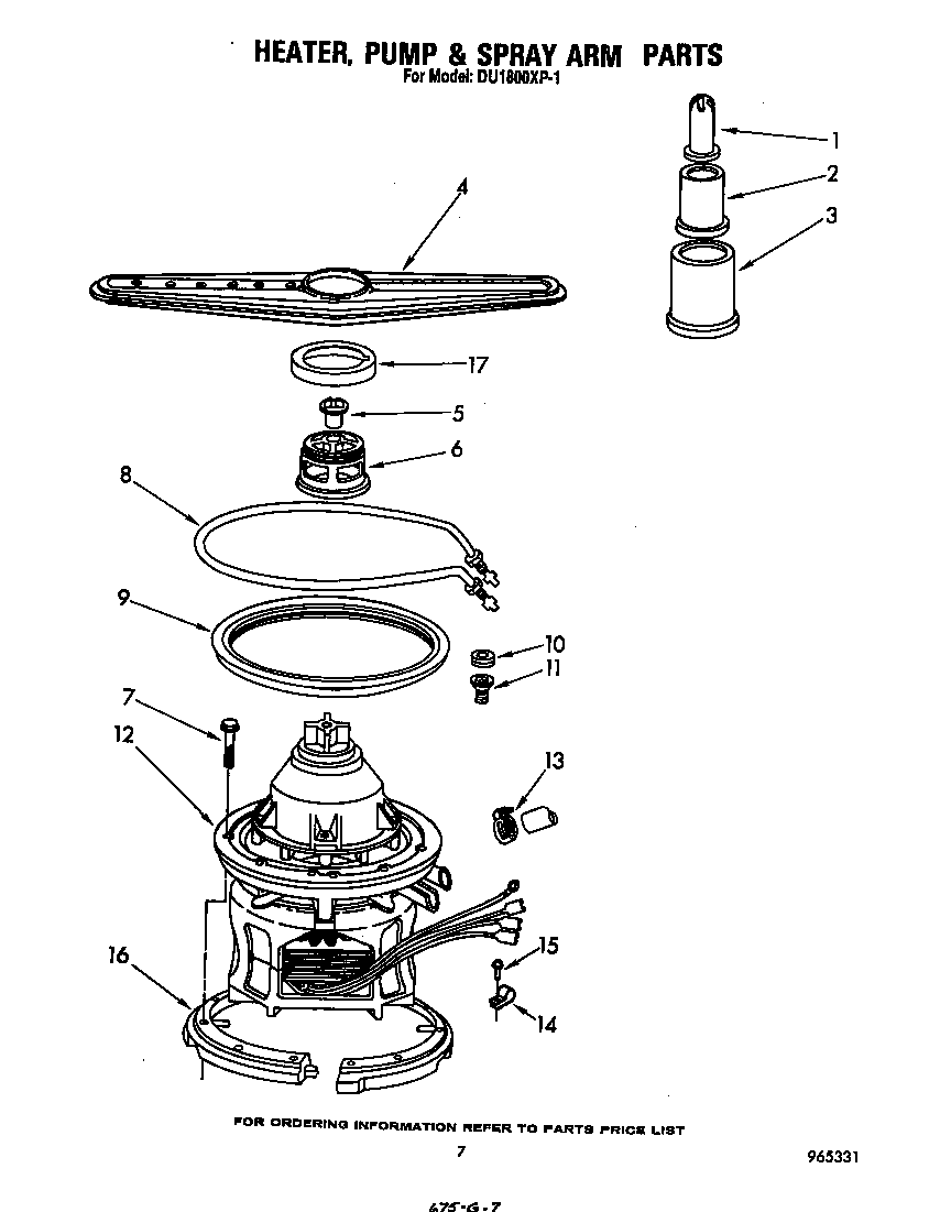Whirlpool DU1800XP1 heater, pump and spray arm diagram