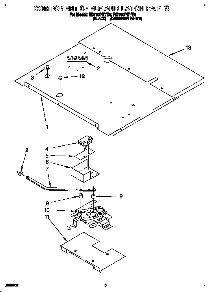 Whirlpool RB760PXYB5 component shelf and latch diagram