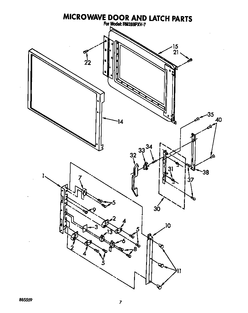 Whirlpool RM288PXV7 microwave door and latch diagram