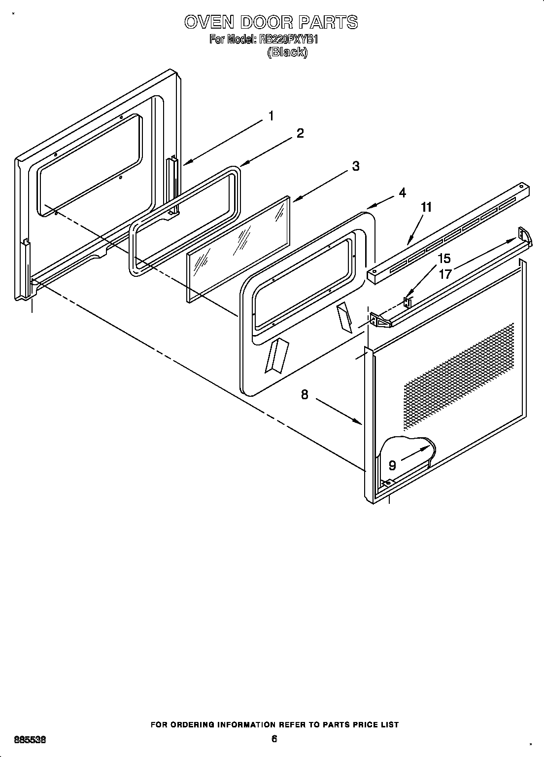 Whirlpool RB220PXYB1 oven door diagram
