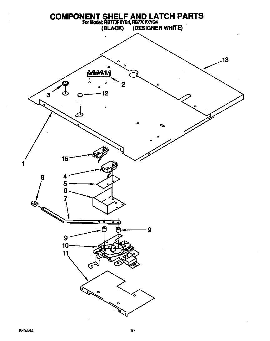Whirlpool RB770PXYB4 component shelf and latch diagram
