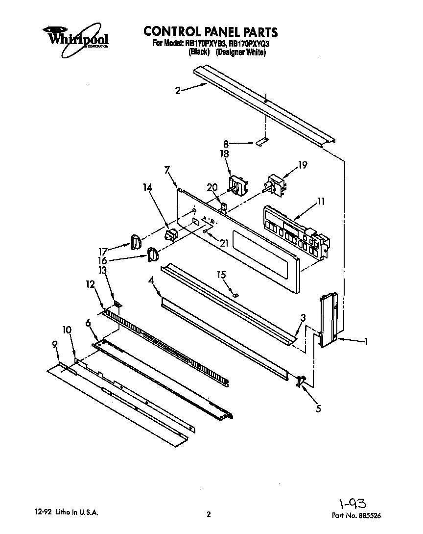 Whirlpool RB170PXYB3 control panel diagram