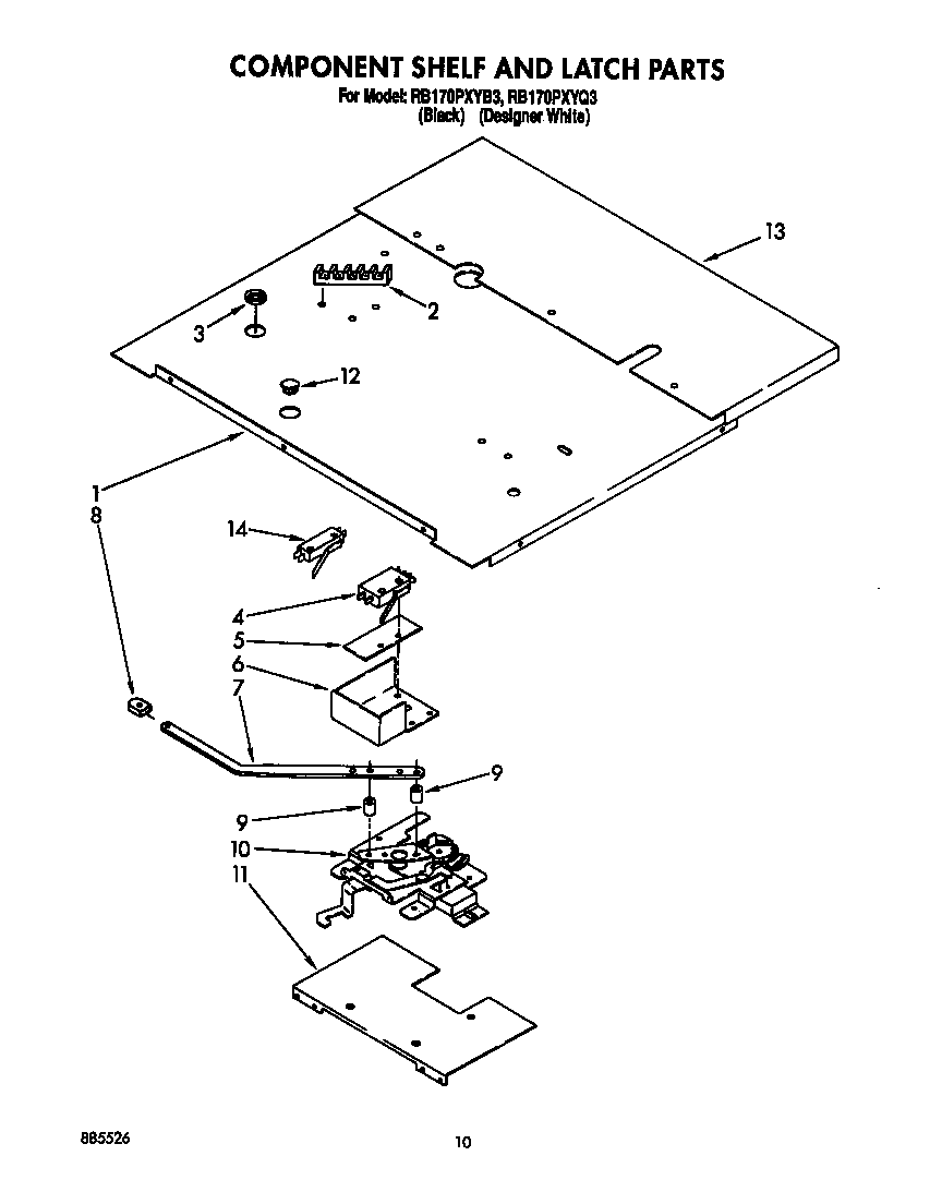 Whirlpool RB170PXYB3 component shelf and latch diagram