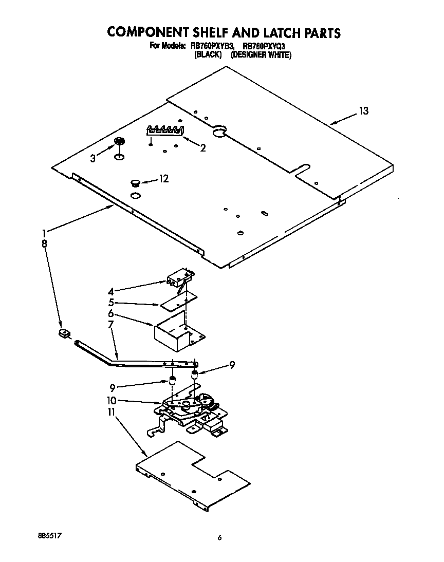 Whirlpool RB760PXYB3 component shelf and latch diagram