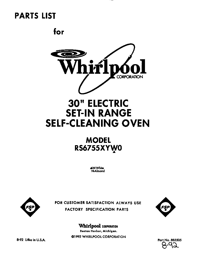 Whirlpool RS6755XYW0 front cover diagram