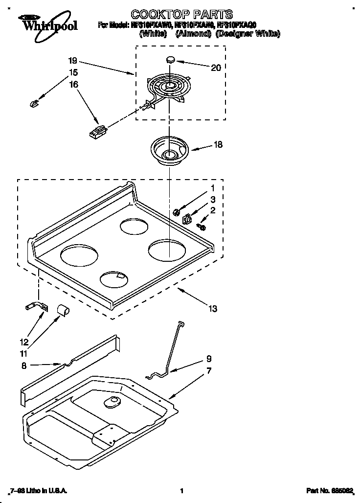 Whirlpool RF310PXAW0 cooktop diagram