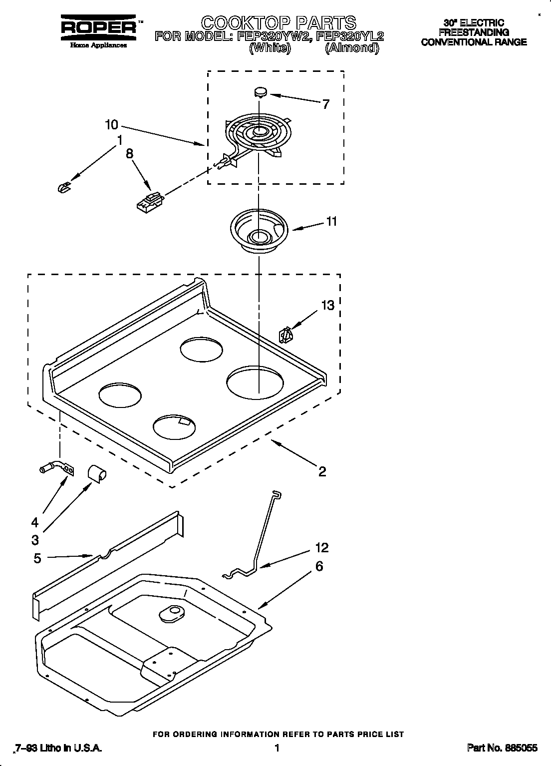 Roper FEP320YW2 cooktop diagram