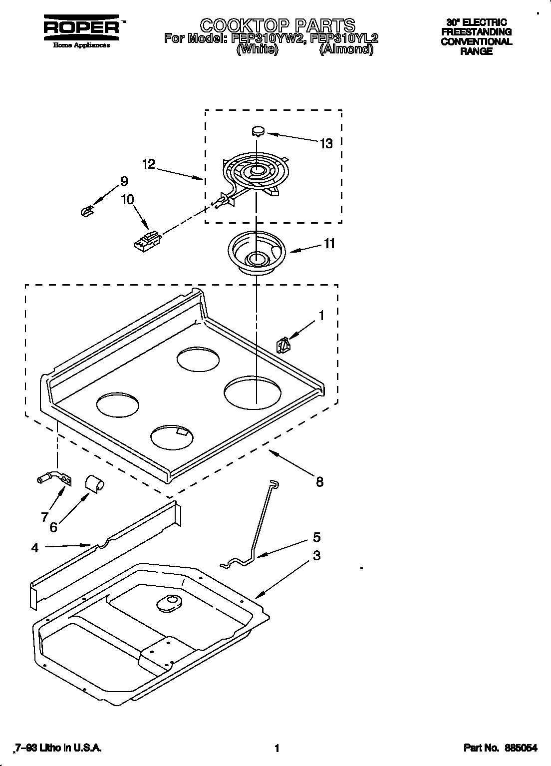 Roper FEP310YW2 cooktop diagram