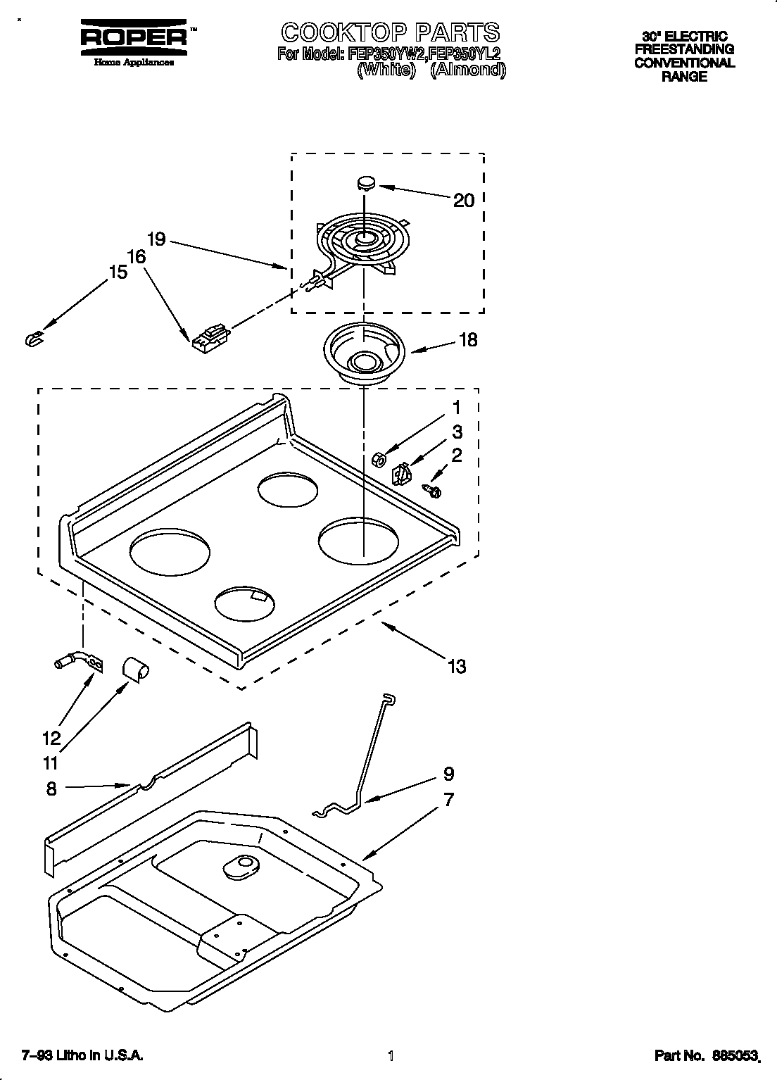Roper FEP350YW2 cooktop diagram