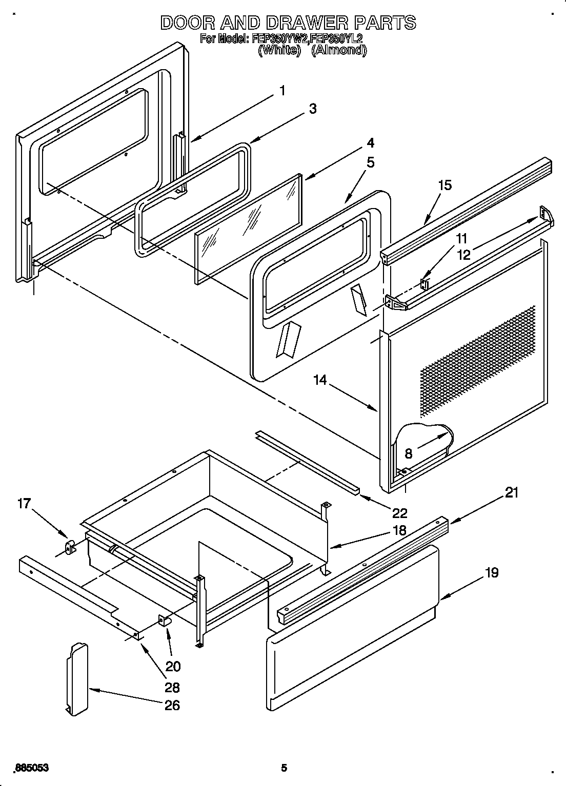 Roper FEP350YW2 door and drawer diagram