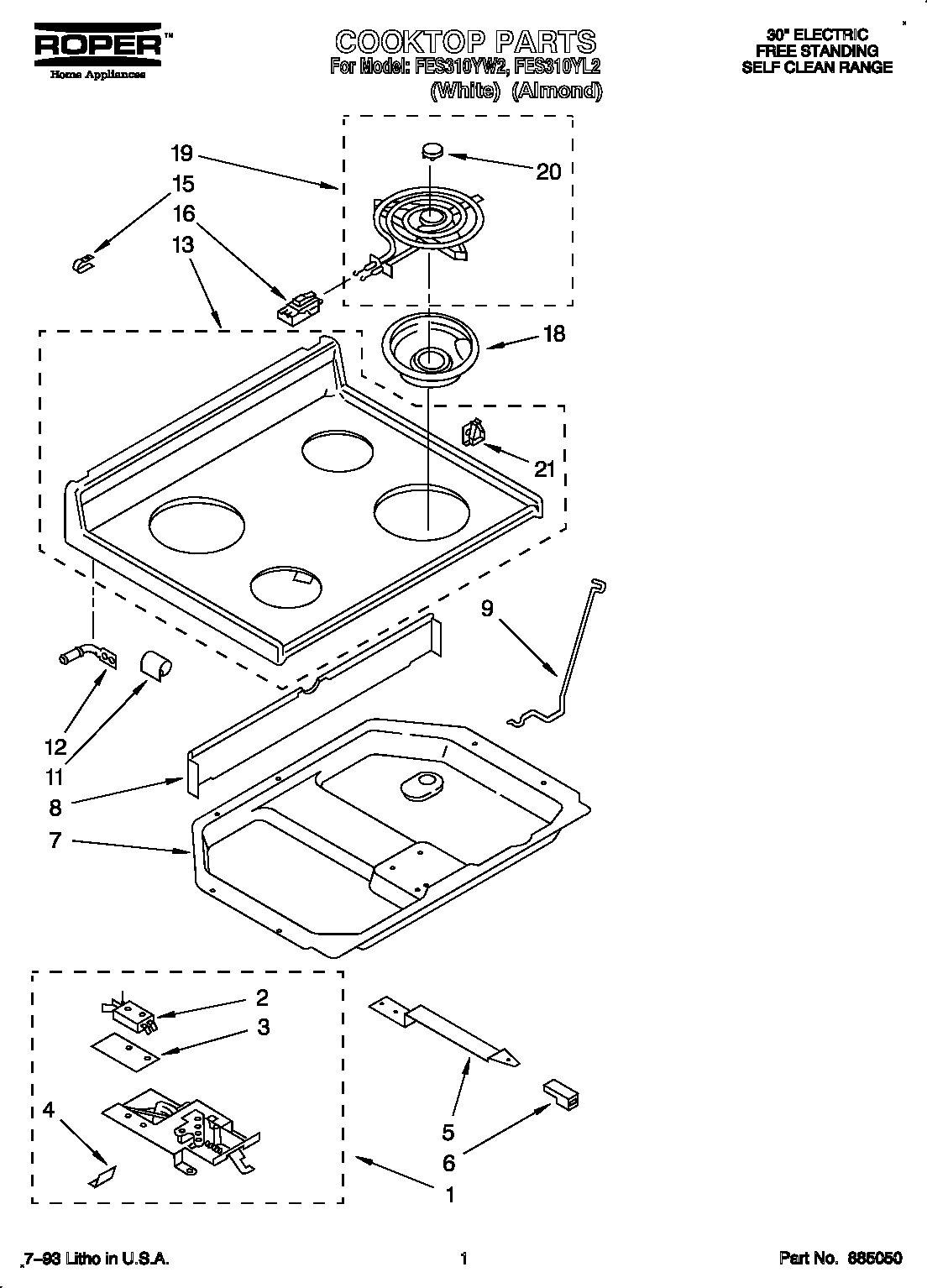 Roper FES310YW2 cooktop diagram