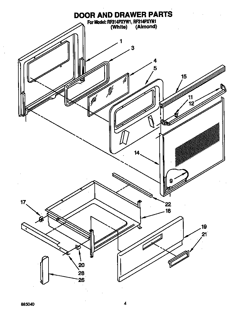 Whirlpool RF314PXYW1 door and drawer diagram