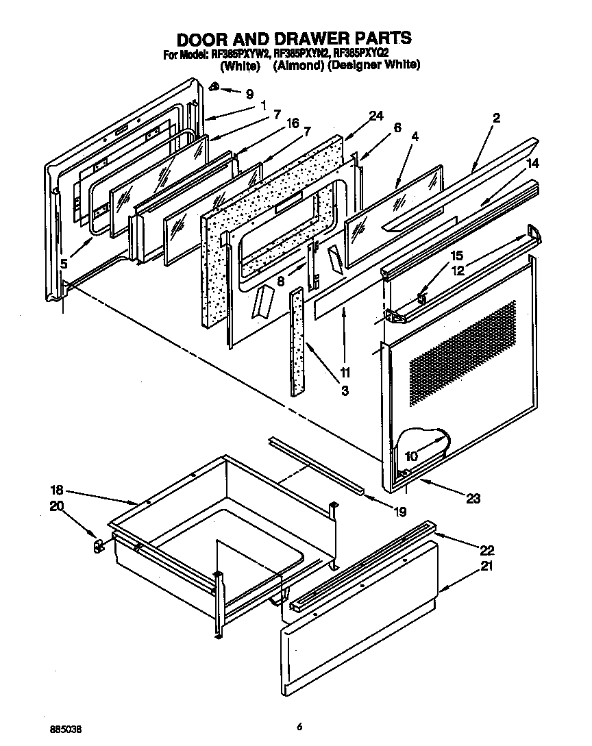 Whirlpool RF385PXYW2 door and drawer diagram