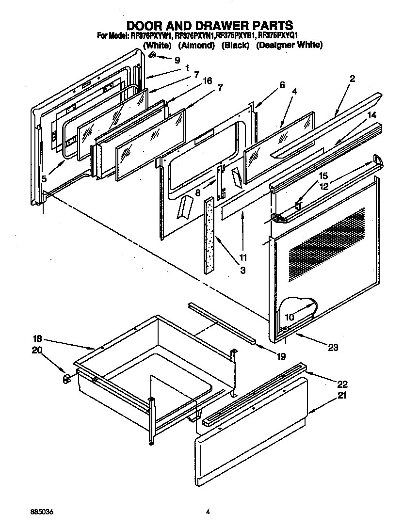 Whirlpool RF376PXYW1 door and drawer diagram
