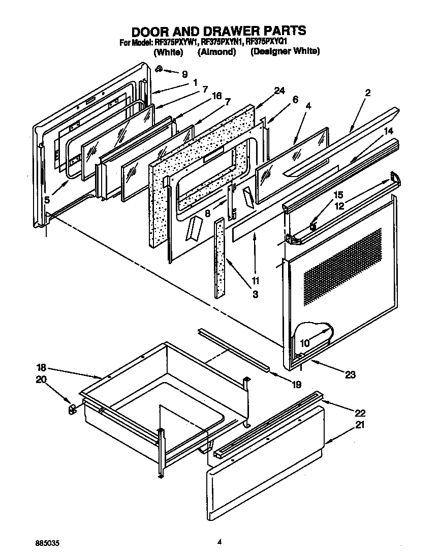 Whirlpool RF375PXYW1 door and drawer diagram