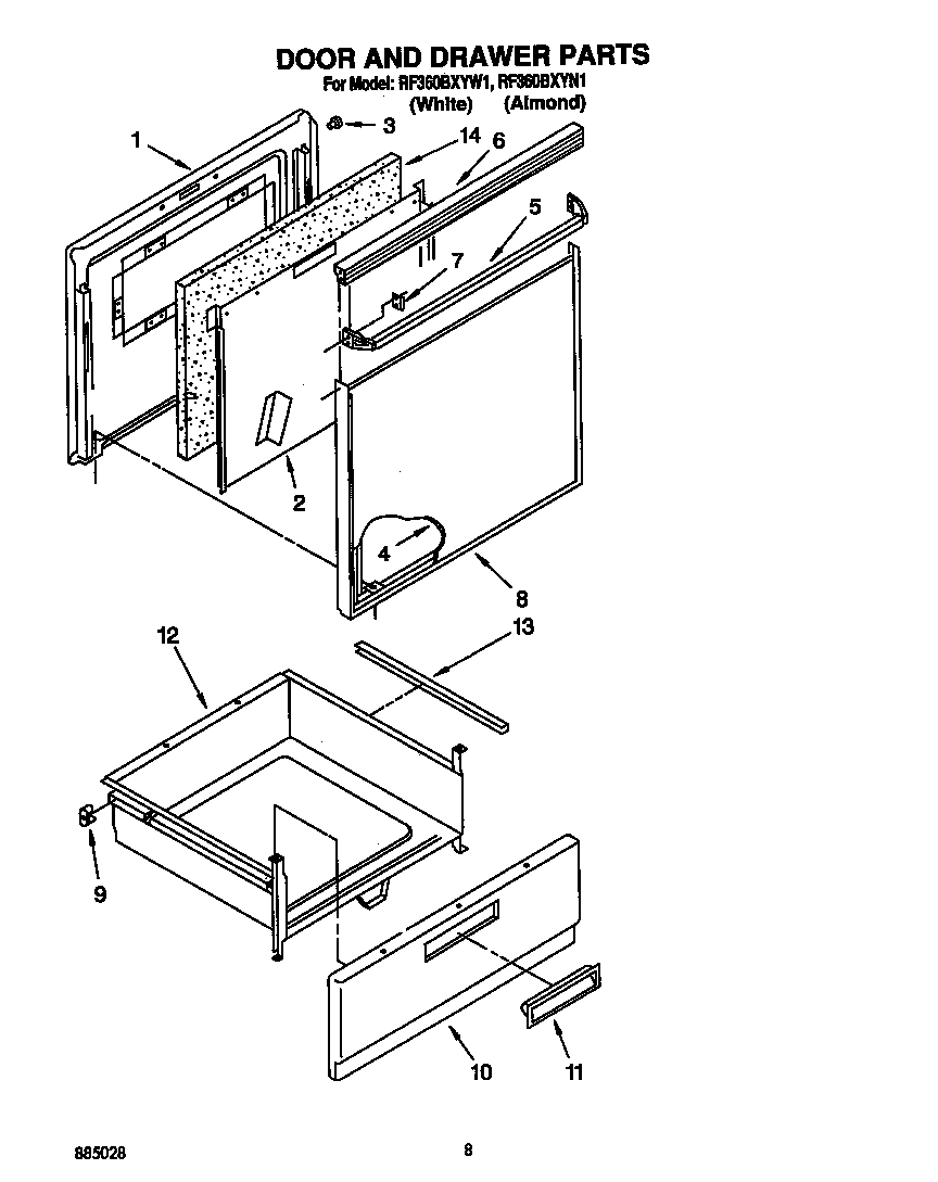 Whirlpool RF360BXYW1 door and drawer diagram