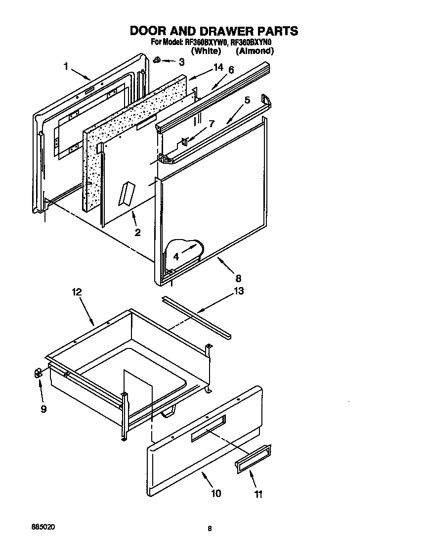 Whirlpool RF360BXYW0 door and drawer diagram