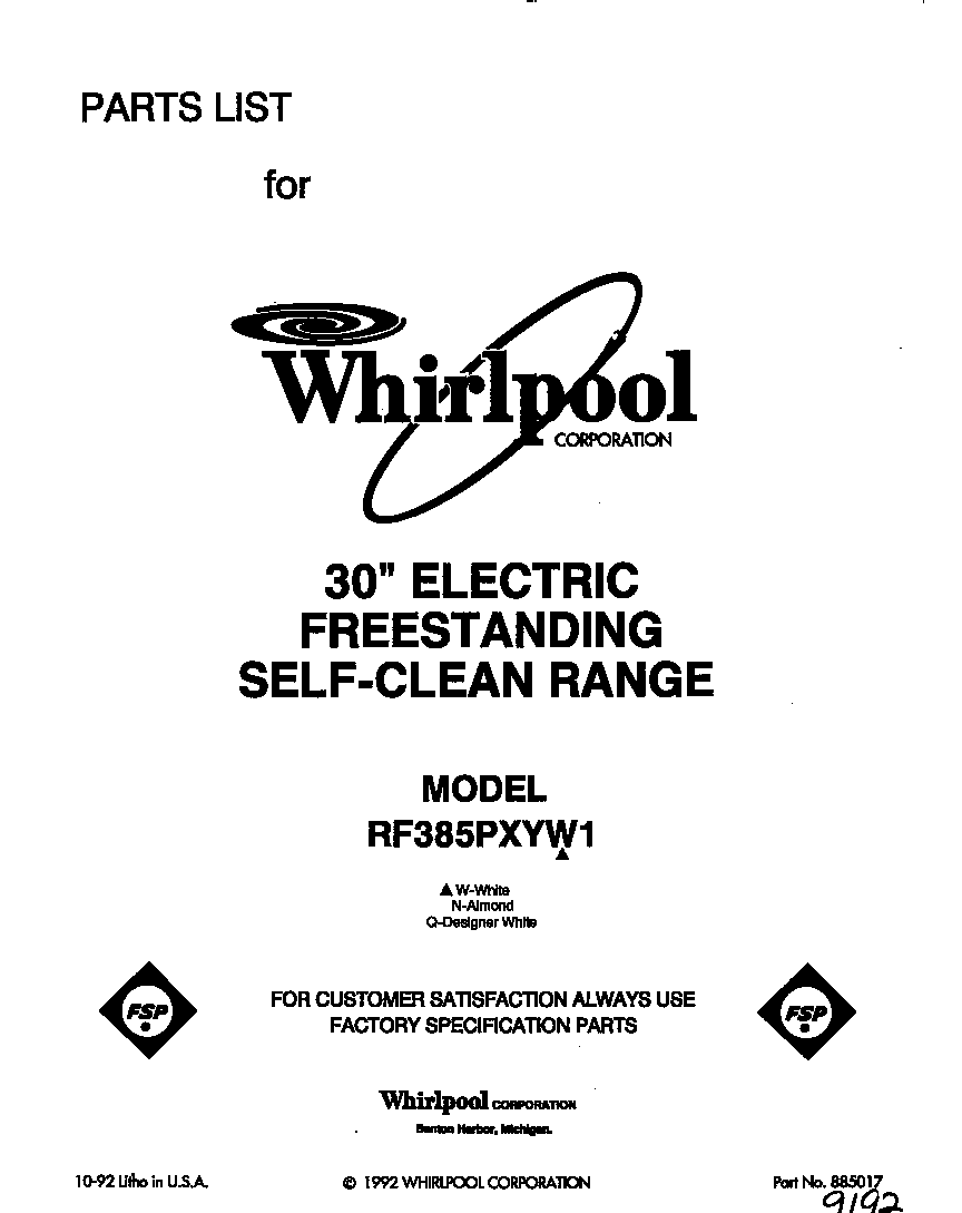 Whirlpool RF385PXYW1 front cover diagram