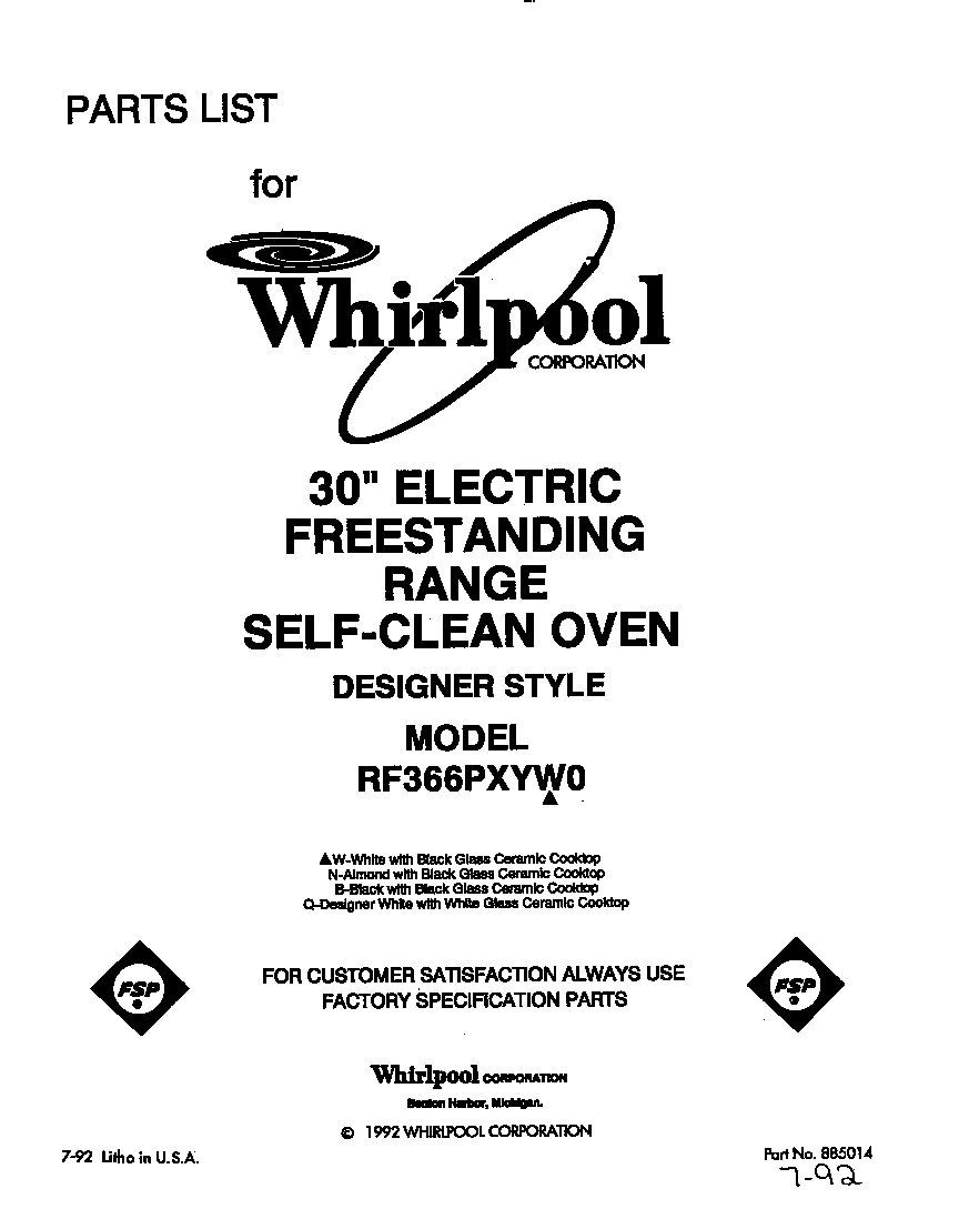 Whirlpool RF366PXYW0 front cvoer diagram