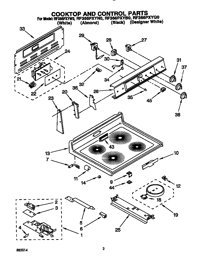 Whirlpool RF366PXYW0 cooktop and control diagram