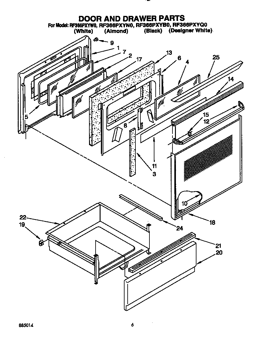 Whirlpool RF366PXYW0 door and drawer diagram
