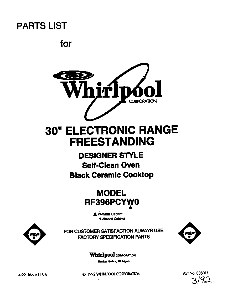 Whirlpool RF396PCYW0 front cover diagram