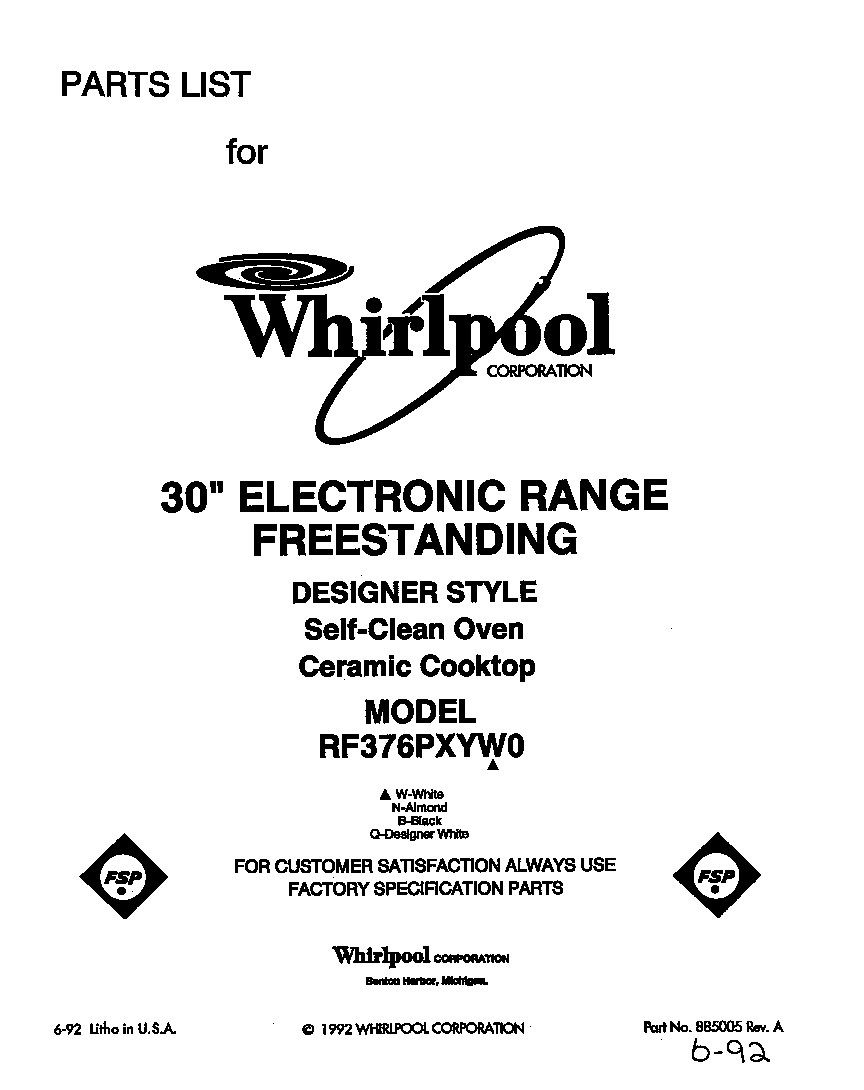 Whirlpool RF376PXYW0 front cover diagram