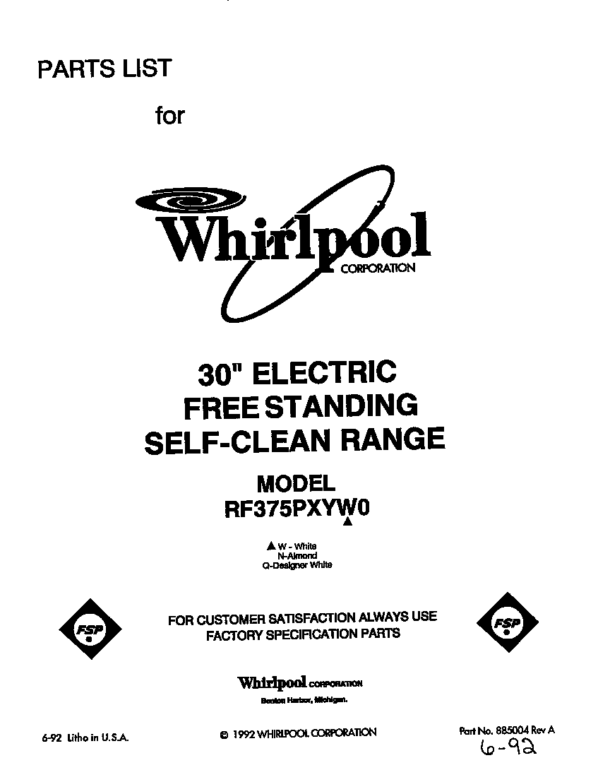 Whirlpool RF375PXYW0 front cover diagram