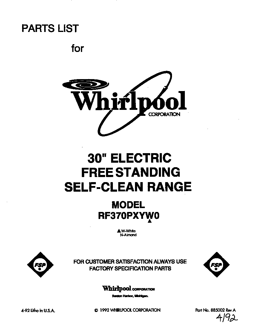 Whirlpool RF370PXYW0 front cover diagram