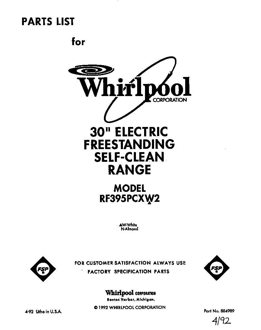 Whirlpool RF395PCXW2 front cover diagram