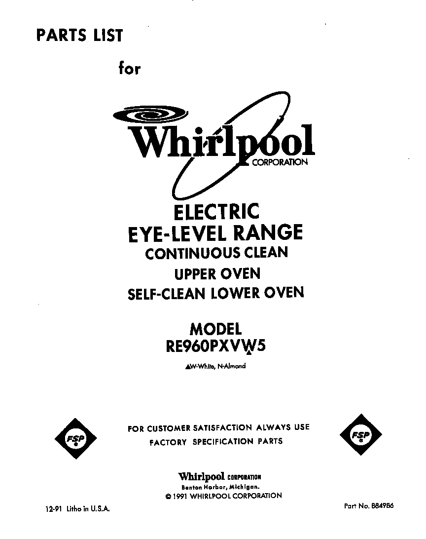 Whirlpool RE960PXVW5 front cover diagram