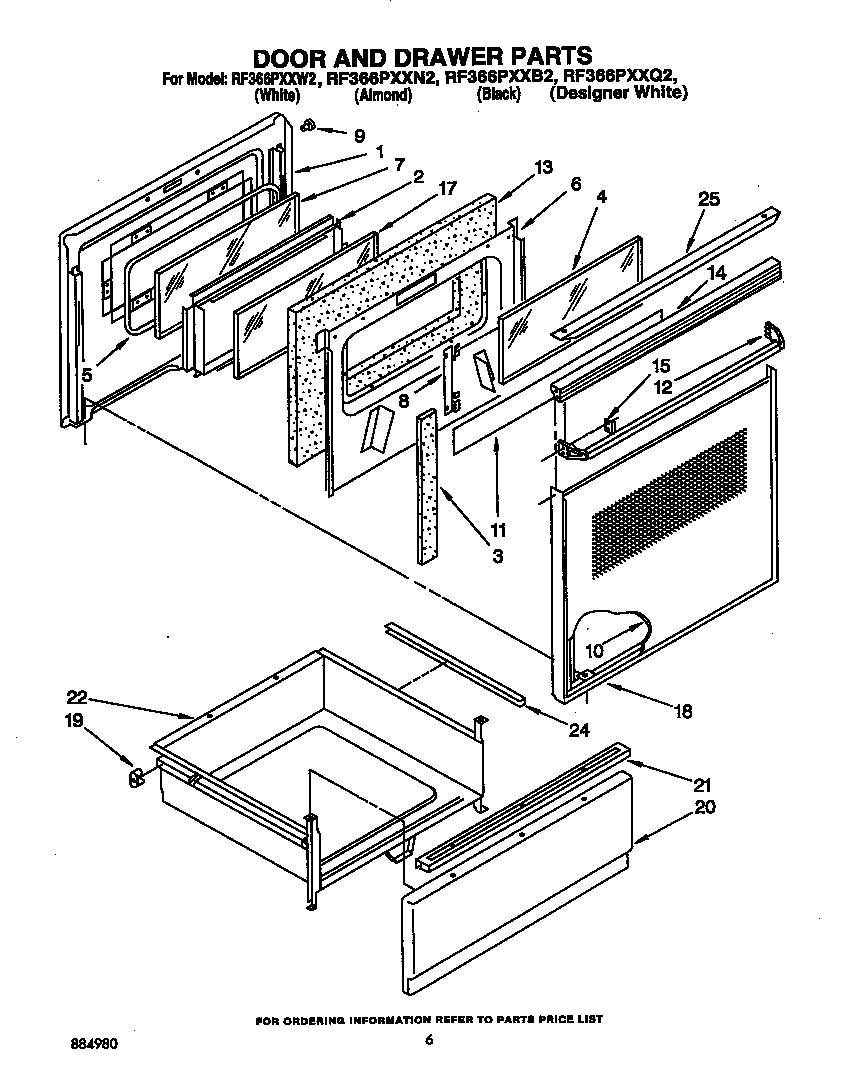 Whirlpool RF366PXXW2 door and drawer diagram
