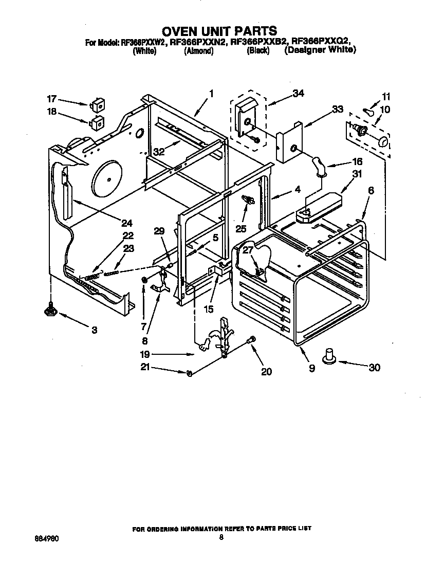 Whirlpool RF366PXXW2 oven unit diagram