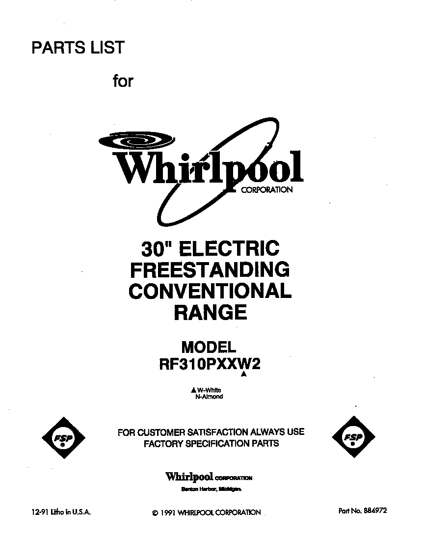 Whirlpool RF310PXXW2 front cover diagram
