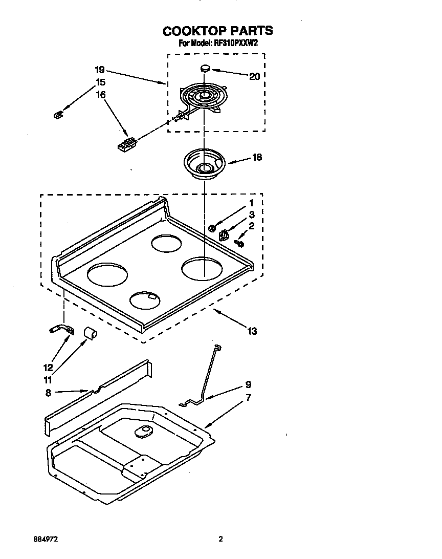 Whirlpool RF310PXXW2 cooktop diagram