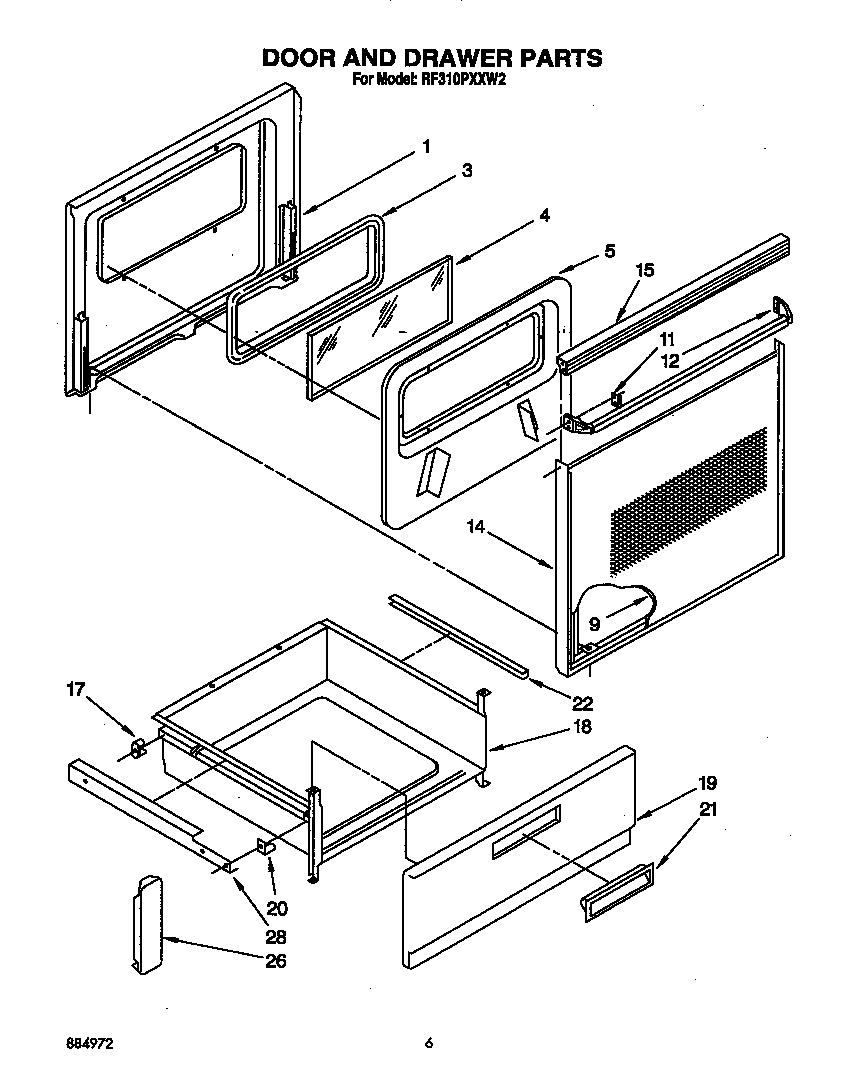 Whirlpool RF310PXXW2 door and drawer diagram