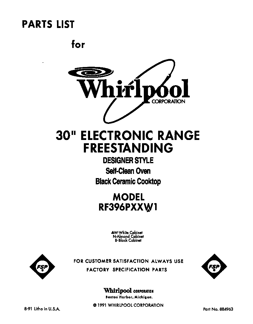 Whirlpool RF396PXXW1 front cover diagram