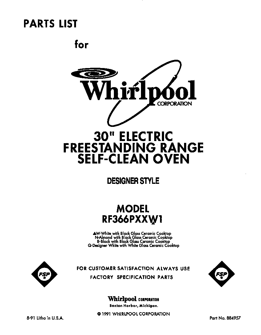 Whirlpool RF366PXXW1 front cover diagram