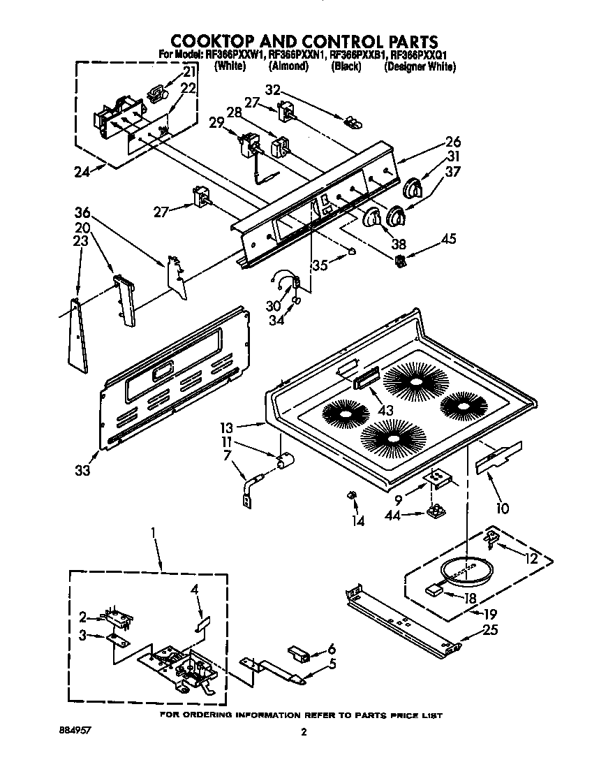 Whirlpool RF366PXXW1 cooktop and control diagram