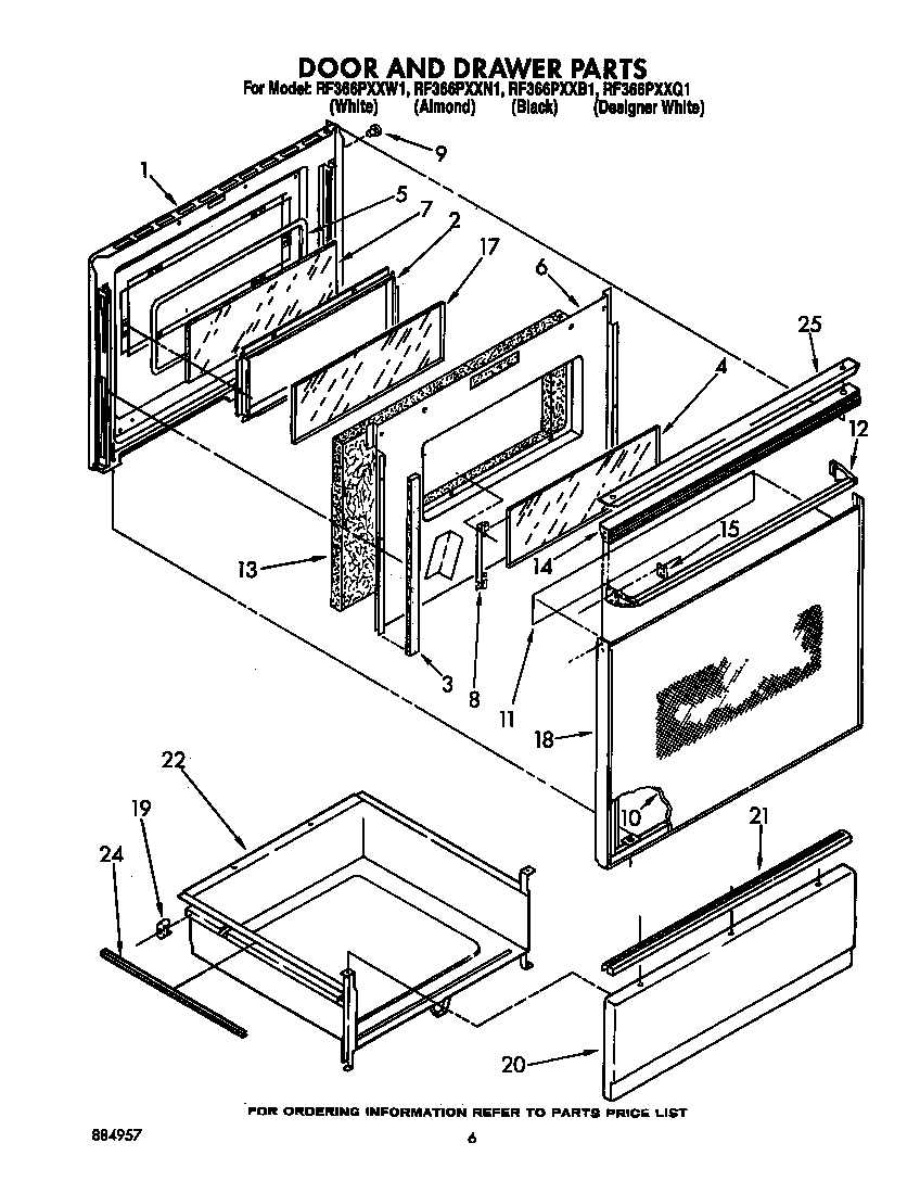 Whirlpool RF366PXXW1 door and drawer diagram