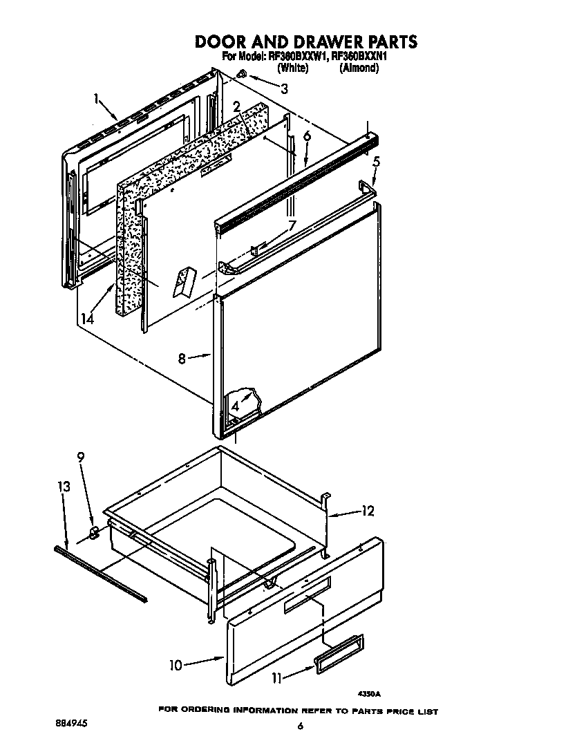 Whirlpool RF360BXXW1 door and drawer diagram