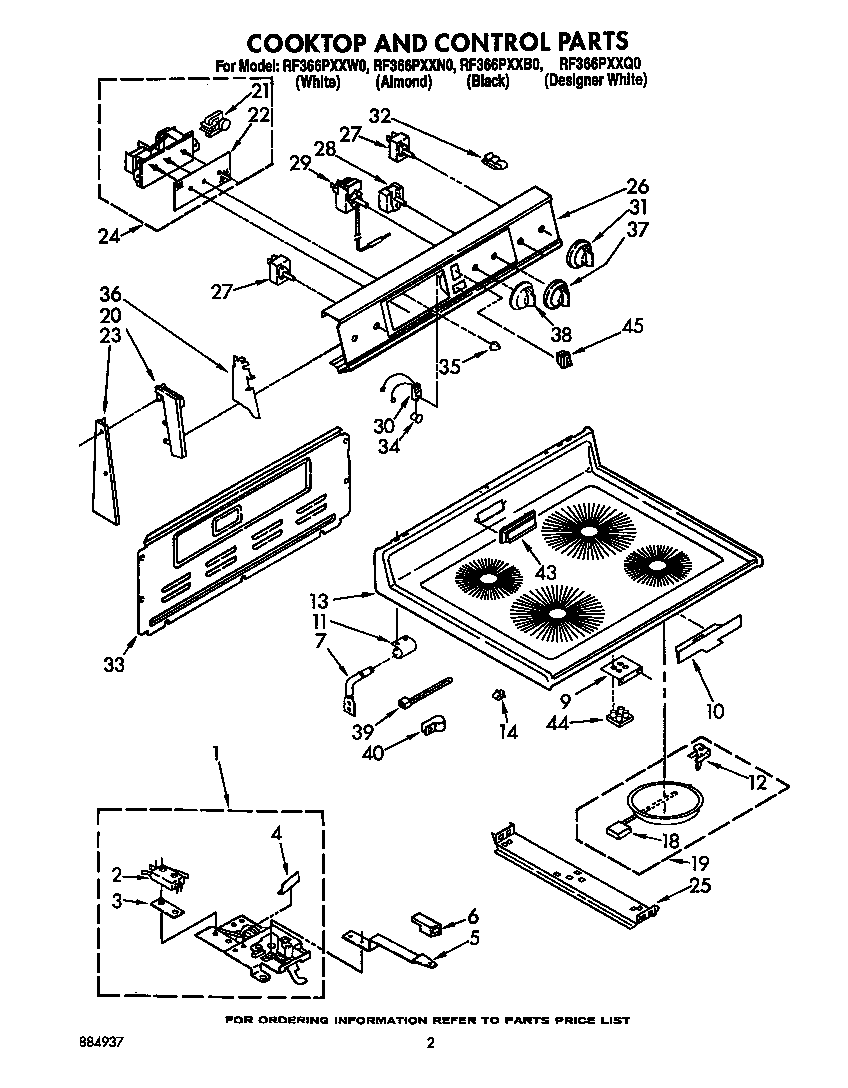 Whirlpool RF366PXXW0 cooktop and control diagram