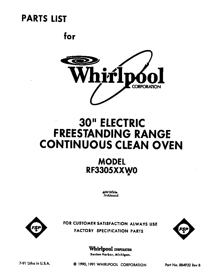 Whirlpool RF3305XXW0 front cover diagram