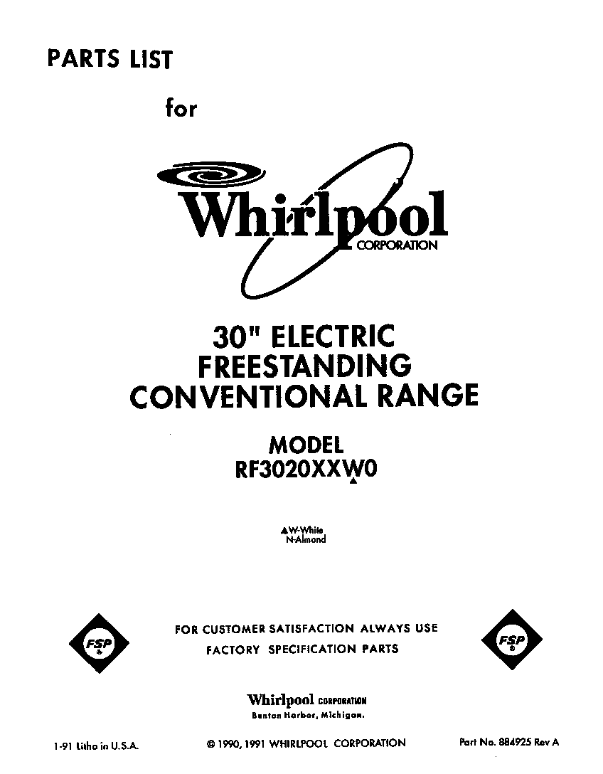 Whirlpool RF3020XXW0 front cover diagram